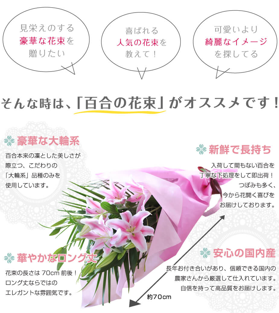 ユリは冠婚葬祭、さまざまなシーンでお使いいただける人気のお花です※ページ掲載の写真は「20リン」の花束になります。当店のユリが売れてる理由は・・・