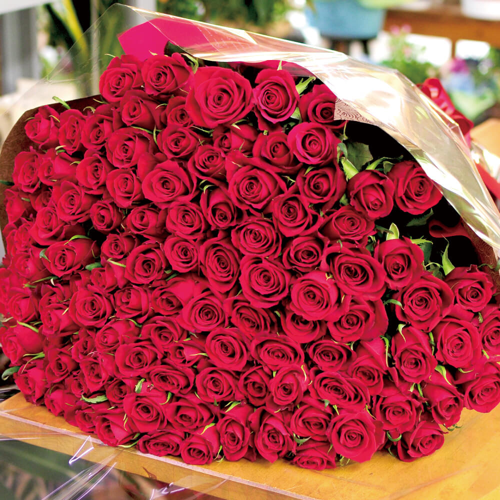 赤いバラ(薔薇・ばら)108本の花束/プロポーズの花束/誕生日プレゼント/フラワーギフト 赤いバラ(薔薇・ばら)の花束 | エーデルワイス【花の贈り物】  フラワーギフト通販 花宅配 水戸市