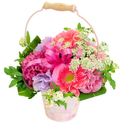 結婚記念日の花 結婚祝いの花ギフト・プレゼント ふんわりピンクのブリキ缶アレンジメント