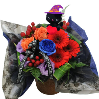 秋色の花贈り／ハロウィン 花ギフト・プレゼント 黒ネコのハロウィンアレンジメント