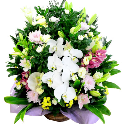 お盆の花(新盆の花・初盆の花) 百合と蘭のお供えアレンジメント