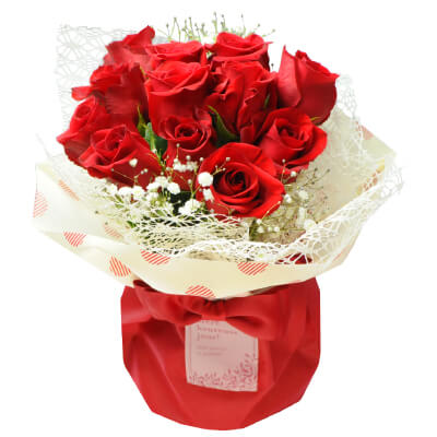 フラワーバレンタイン/バレンタイン花束/ギフト/プレゼント/そのまま飾れる赤いバラ12本のブーケ
