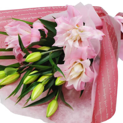 豪華大輪系 八重ピンクユリの花束
